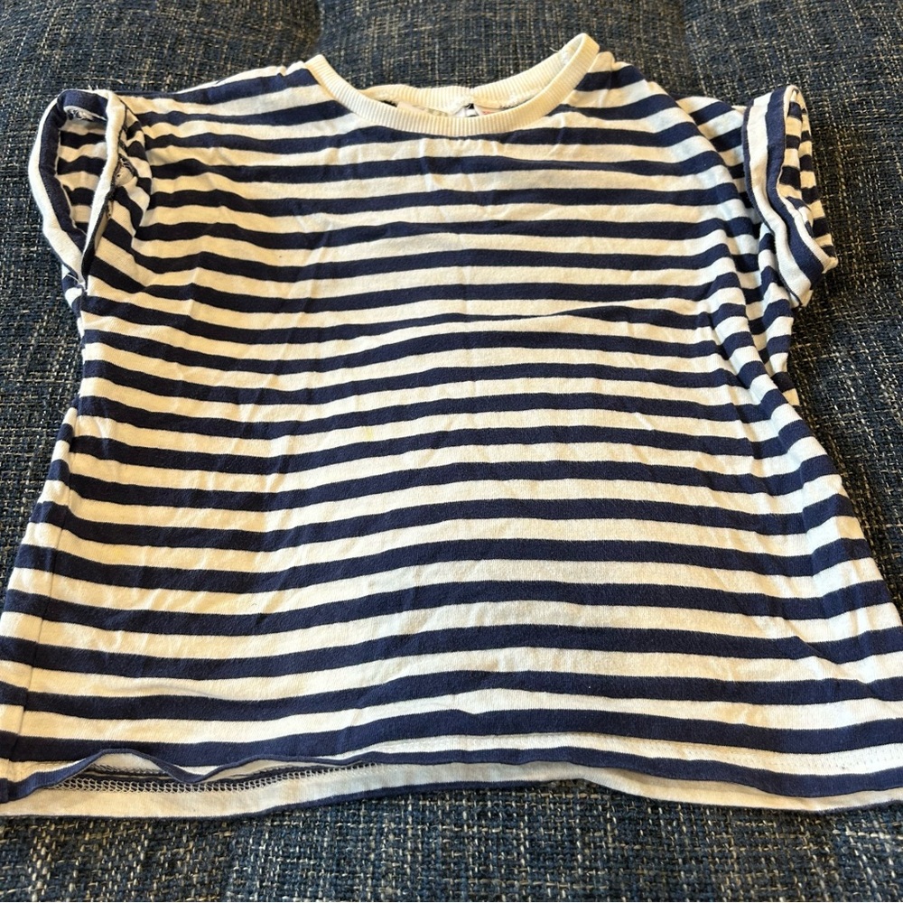 Zara Girl’s Roll Short Sleeve Striped Tee Shirt Blue White Nautical Cotton